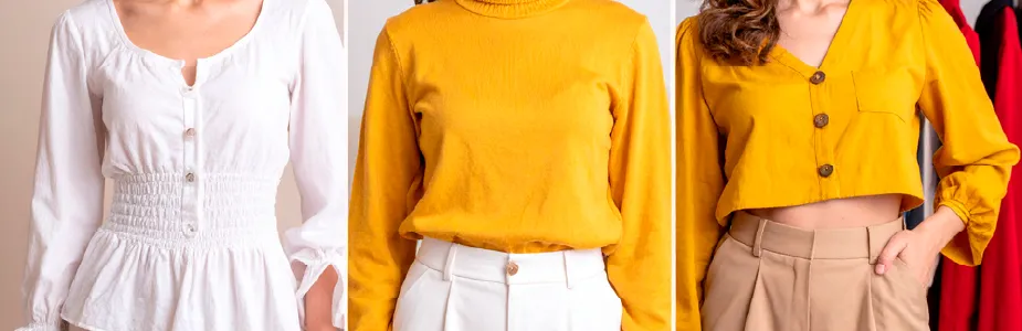Mulher brasileira mostrando diferentes estilos de blusas femininas em um cenário com elementos visuais em amarelo, vermelho e preto.