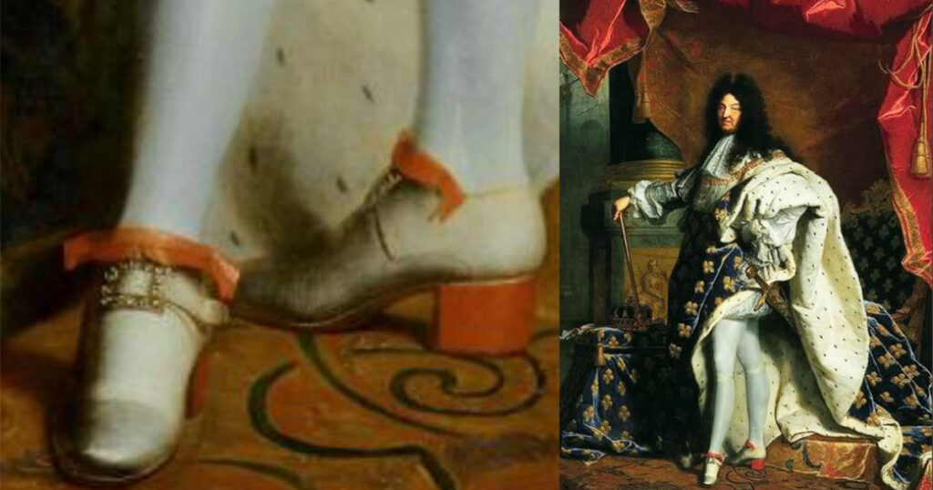 O rei Luis XIV, o Rei Sol, usando um salto alto. O rei foi o precursor do uso do salto alto na moda.