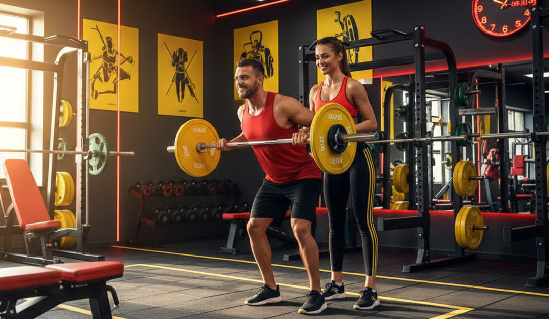 Casal de homem e mulher treinando levantamento de peso na academia