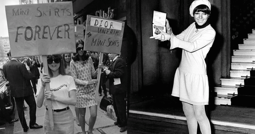Imagem: Protesto à favor da minissaia (esquerda) e Mary Quant, a criadora da minissaia (direita)