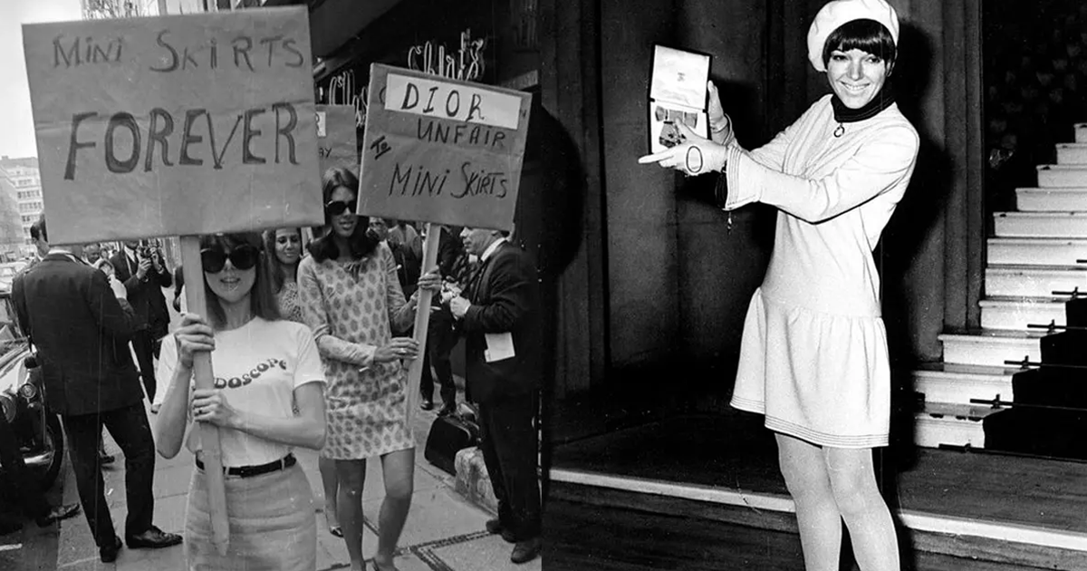 Imagem: Protesto à favor da minissaia (esquerda) e Mary Quant, a criadora da minissaia (direita)