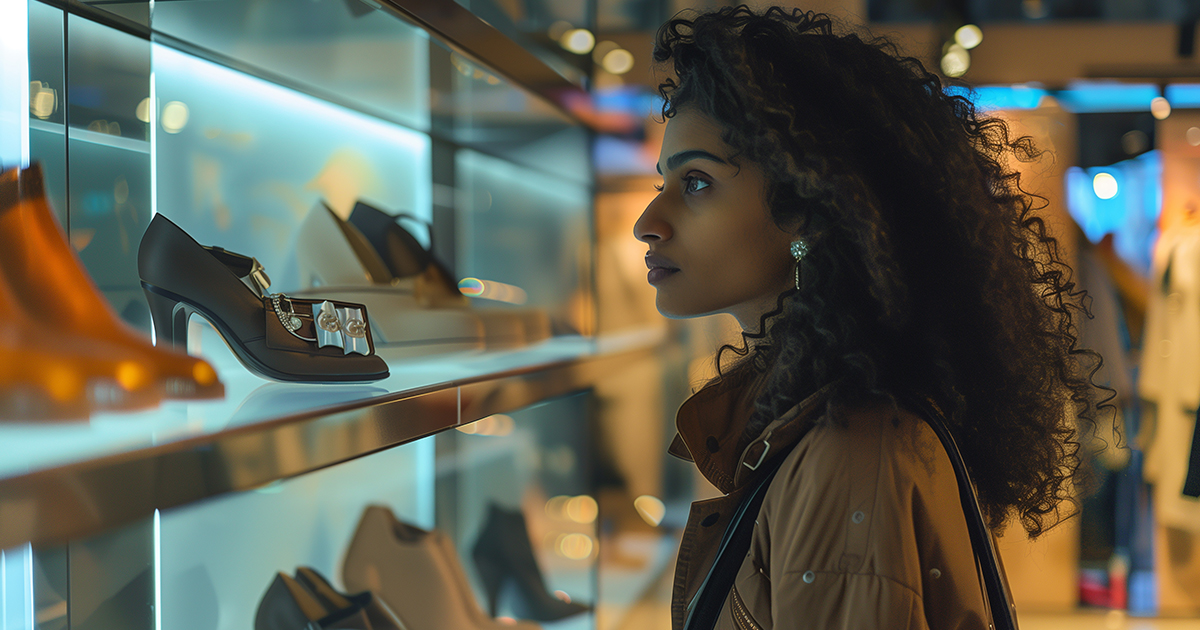 Cliente em potencial avaliando vitrine bem montada de sapatos, impacto do visual merchandising